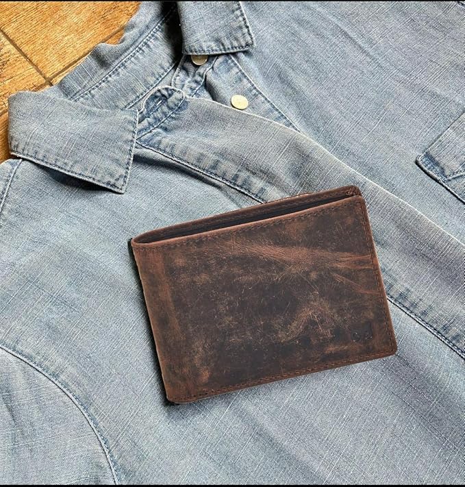 Real Leather Mens Bifold Wallet RFID Blocking Slim Minimalist Front Pocket - Thin & Stylish with ID Window in Gift Box (Crazy Horse, Cognac).