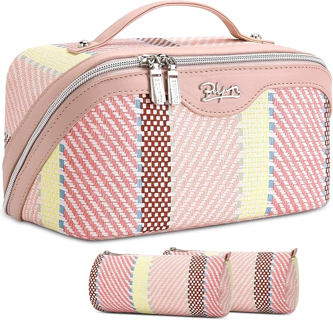 BOYATU Travel Makeup Bag Cosmetic Bag for Women: 3 Pcs Set Make up Bag with Compartments - Waterproof Vegan Leather Toiletry Bags with Handle - Makeup Organizer for Travel Essentials(C-3-Pink)