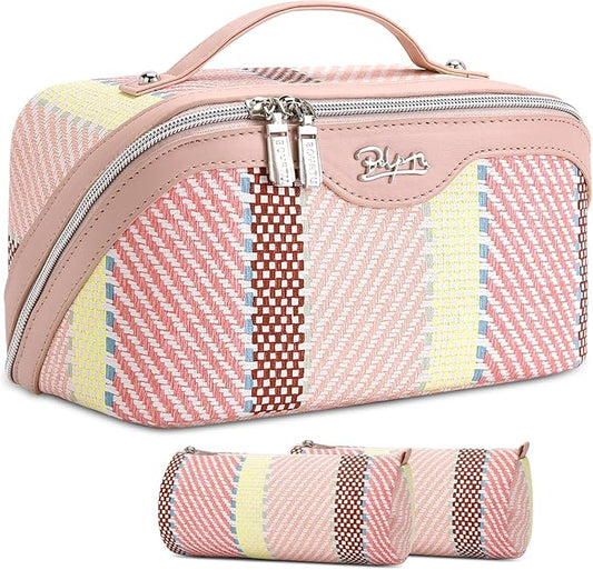BOYATU Travel Makeup Bag Cosmetic Bag for Women: 3 Pcs Set Make up Bag with Compartments - Waterproof Vegan Leather Toiletry Bags with Handle - Makeup Organizer for Travel Essentials(C-3-Pink)