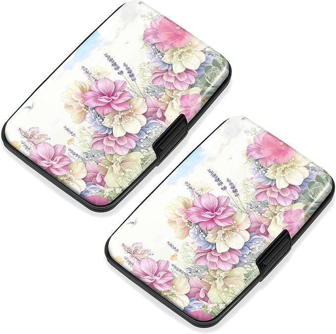 Mayski 2 Pack Credit Card Holder for Women, RFID Blocking, Pink Flower Aluminum Alloy Hard Case, Small Mini Business Metal Wallet for Men