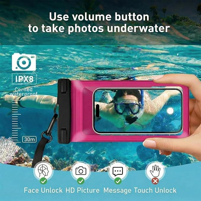 Waterproof Phone Pouch, with Interior Card Pocket, Large Waterproof Phone Case for iPhone 17 16 Pro Max, IPX8 Lightweight Cellphone Dry Bag, Beach Cruise Ship Essentials,1 Pack-Rose red-8.3″