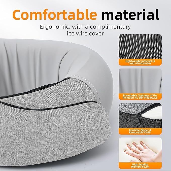 Travel Neck Pillows for Airplanes, Premium 100% Memory Foam Neck Pillow with Alternative Skin-Friendly Silk Cover - Upgrade Liner Enables Easy Pillowcase Cleaning, Travel Pillow Fits Plane, Car, Train