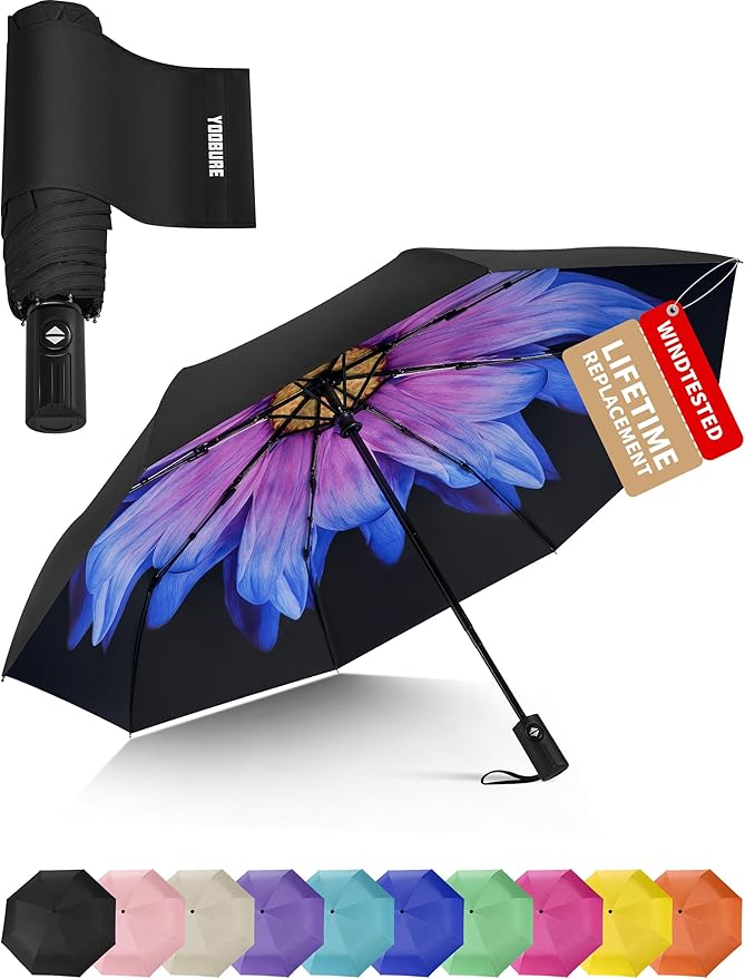 Yoobure Compact Travel Umbrella - Windproof Umbrellas for Rain, Small Portable UV Umbrella for Sun Protection, Folding Automatic Umbrellas in Lightweight for Car, Backpack, Walking, Kids, Women