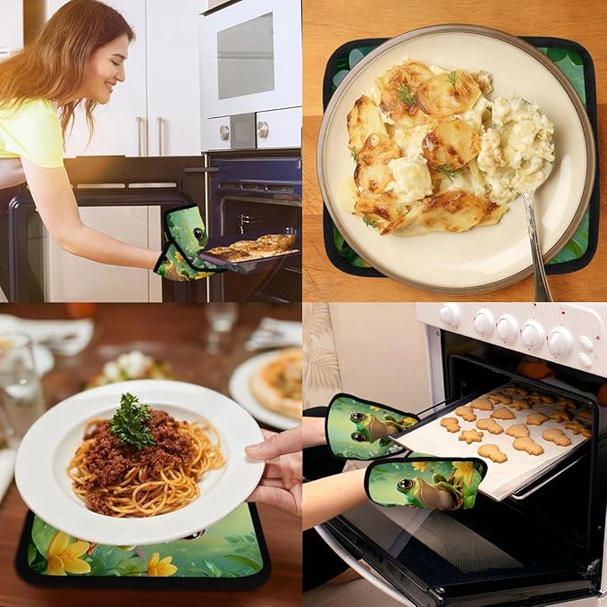 Green Cartoon Frog Pot Holders with Pockets 2 PCS, Heat Resistant Oven Mitts Hot Pads for Kitchen Baking Cooking, Square Thick Pot Holders Kitchen Hot Potholders, 8.5x10 Inches