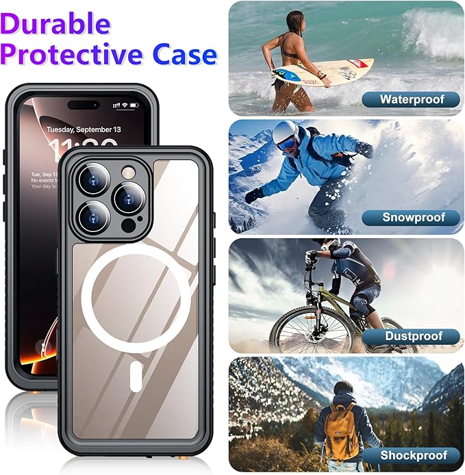 Compatible with iPhone 16 Pro Max Case Waterproof, Compatible with MagSafe Built-in Screen & Camera Protector IP68 Underwater Full Body 16FT Military Dropproof Shockproof Phone Case 6.9"-Black