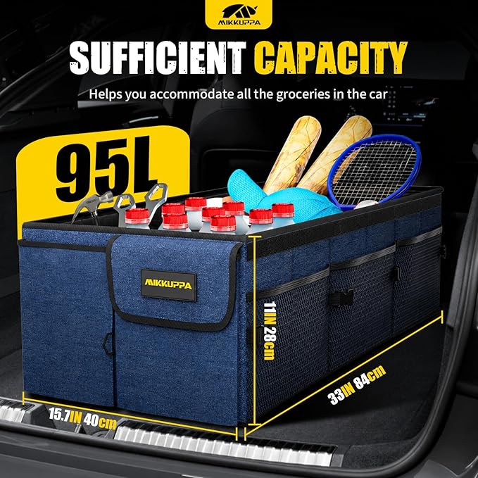 MIKKUPPA Car Trunk Organizer - 95L Collapsible Trunk Organizer with Lid, Sturdy Car Storage for SUV Auto Truck Van with Adjustable Straps and Non Slip Bottom (Blue, XX-Large)