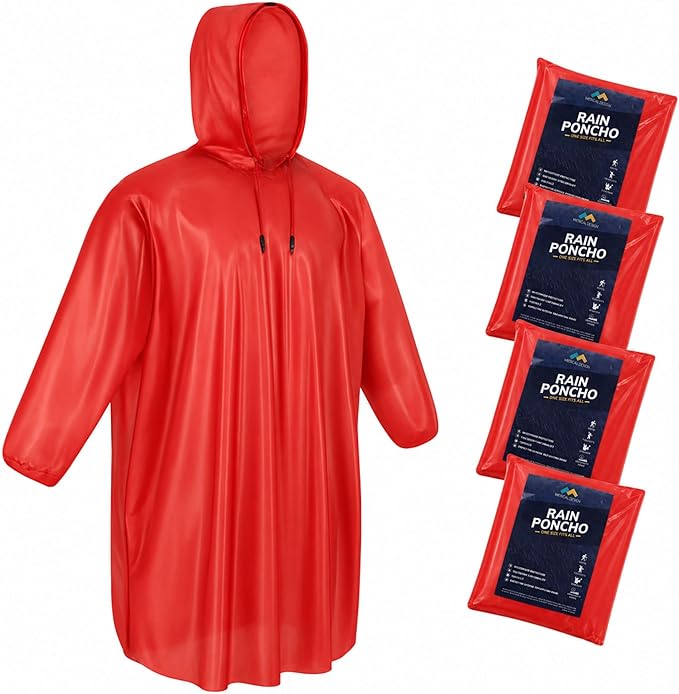 Mindful Design Rain Ponchos with Drawstring Hood Disposable Emergency Poncho for Adults