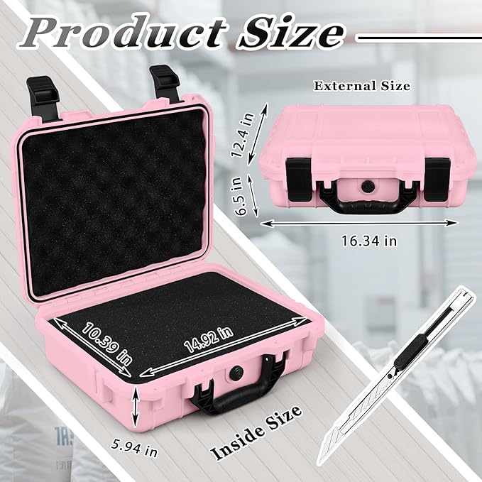 Relaxweex 1 Pcs Waterproof Hard Case with DIY Customizable Foam Insert Portable Protective Case with Knife for Camera Drones Equipments Tools Test Instruments(Pink,16.3 x 12.4 x 6.5 Inch)