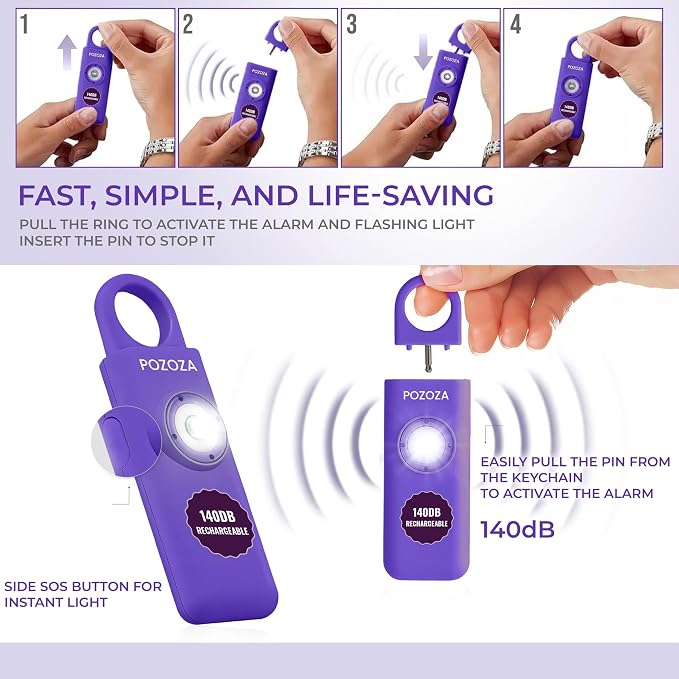 140dB Loudest USB-C Rechargeable Personal Alarm Keychain for Women – Low Battery Indicator, Strobe Light & Panic Button for Self Defense Weapons, Seniors & Travel Safety Essentials (Violet)