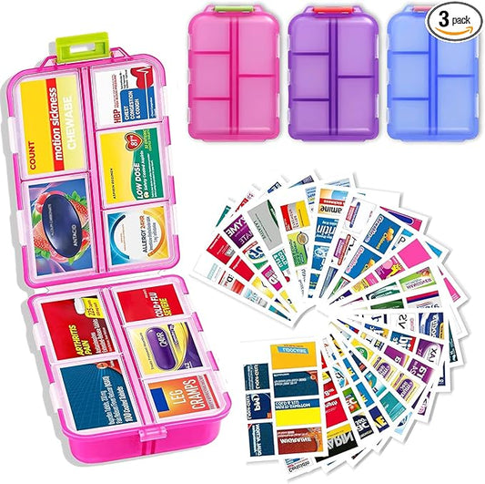 2026 New Extra Large Pill Box with Medicine Labels Travel Essentials Daily Med Container Mini Medication Organizer Storage Organizer Case 7 Day Pill Organizer(Blue+Pink+Purple)