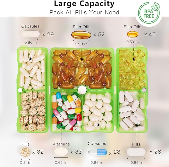 FYY Daily Pill Organizer,7 Compartments Portable Pill Case Travel Pill Organizer,[Folding Design] Large Pill Box for Purse Pocket to Hold Vitamins,Cod Liver Oil,Supplements and Medication-Clear Green