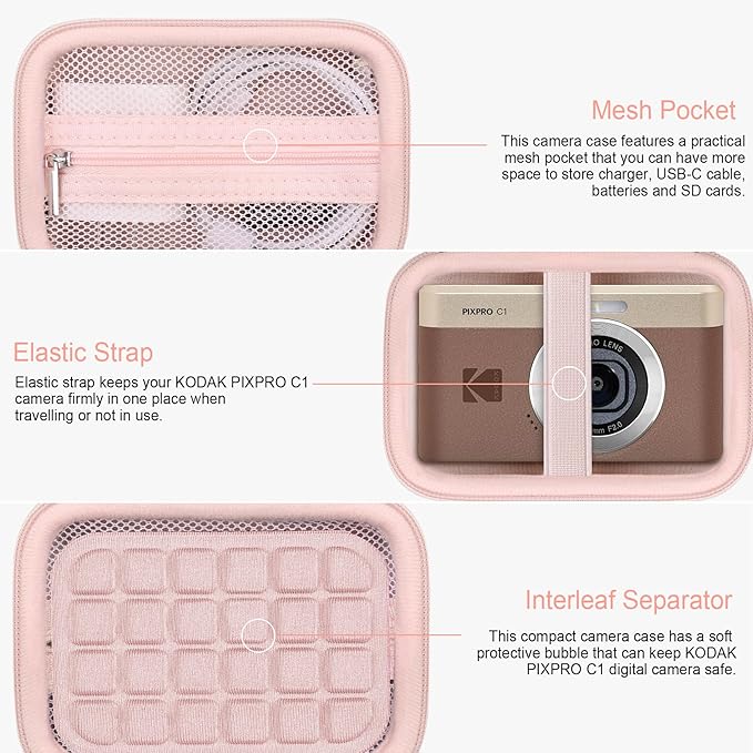 RAIALL Carrying Case for KODAK PIXPRO C1 Friendly Zoom Digital Camera, Point and Shoot Vlogging Camera Hard Travel Bag, Mesh Pocket for Charging Adapter, SD Card, USB Cable and Batteries, Pink