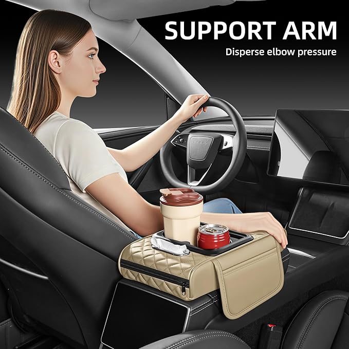 5 in 1 Car Center Console Cover, Armrest Pad with 2 Storage Pockets, Cup Holder, Tissue Slot, Phone Holder, Nappa Leather Memory Foam Car Accessories for SUV Sedan Truck (Beige)