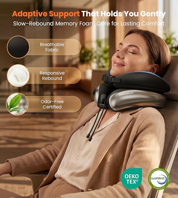 Neck Pillow for Traveling, Travel Pillows for Airplanes, Adjustable Neck Pillow Airplane Travel Essentials - 2 Layer Patented | Inflatable Air Loop & Memory Foam for 360° Ergonomic Support