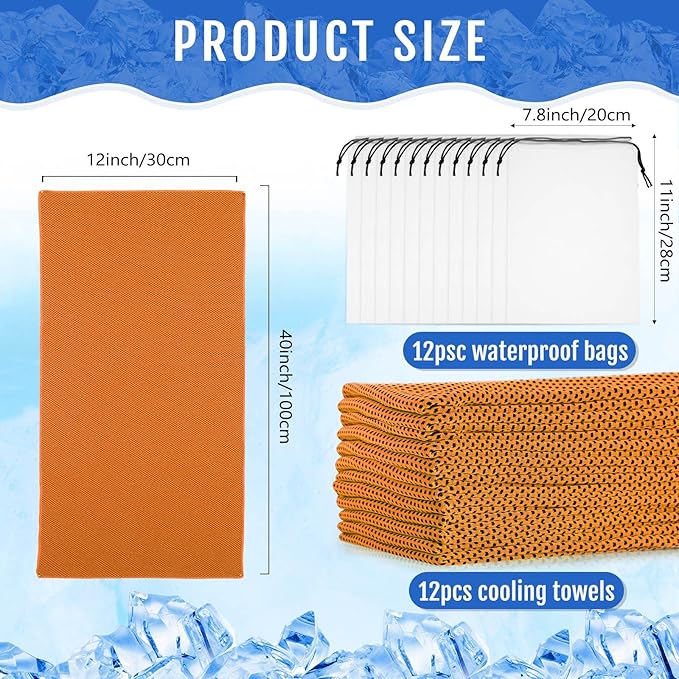 Hosuly 12 Pcs Cooling Towels for Face and Neck 12 x 40 Inch Workout Towels for Gym Fast Drying Hot Weather Sweat Rag Cold Cooling Cloth with 12 Bags Athletes Sport Yoga Golf(Orange)