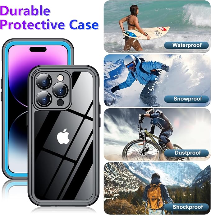Compatible with iPhone 14 Pro Max Case Waterproof, Built-in Screen & Camera Protector IP68 Underwater Full Body 14FT Military Dropproof Shockproof Phone Case 6.7"-Blue/Clear