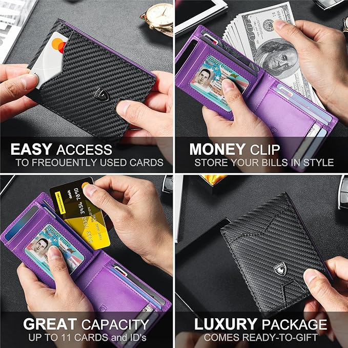 GSOIAX Slim Wallet for Men Rfid Blocking Leather Bifold Front Pocket Carbon Fiber Men's Money Clips Credit Card Holder With Gift Box