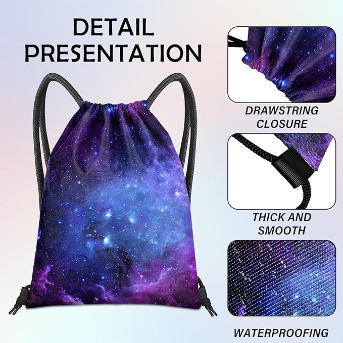 Drawstring Backpack for String Bag Waterproof Cute Sports Beach Swimming Travel (13"×17")-Milky Way