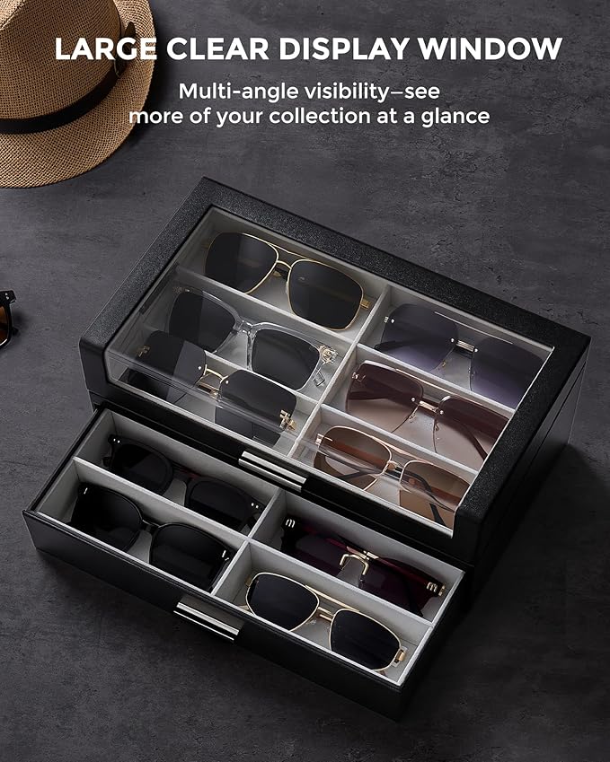 ProCase 12 Slots Sunglasses Box Organizer with L-Shaped Clear Lid, Multiple Pairs Glasses Display Holder Eyewear Eyeglass Eye Glass Storage with Drawer for Men -Black