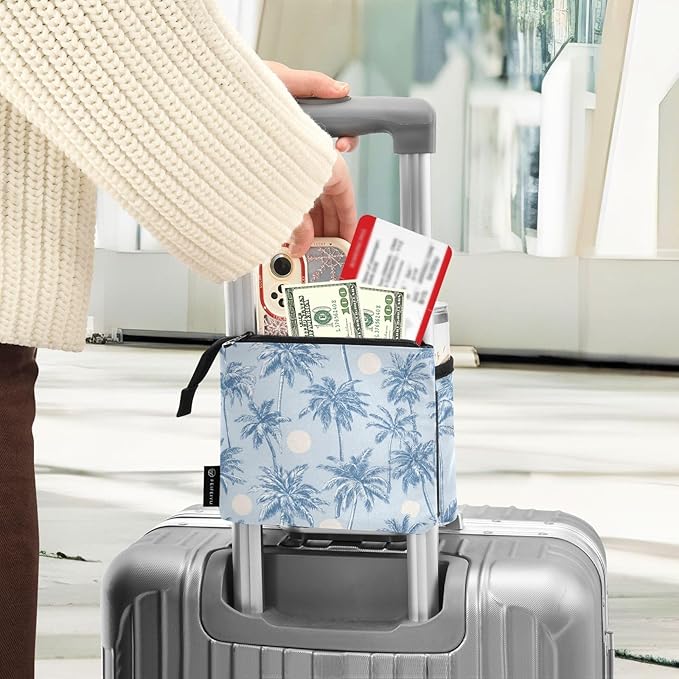 Luggage Cup Holder for Suitcases Free Hands Suitcase Cup Holder Travel Luggage Drink Holder Portable Luggage Cup Caddy Bag Carrier with Handle Light Blue Palm Trees and Sun