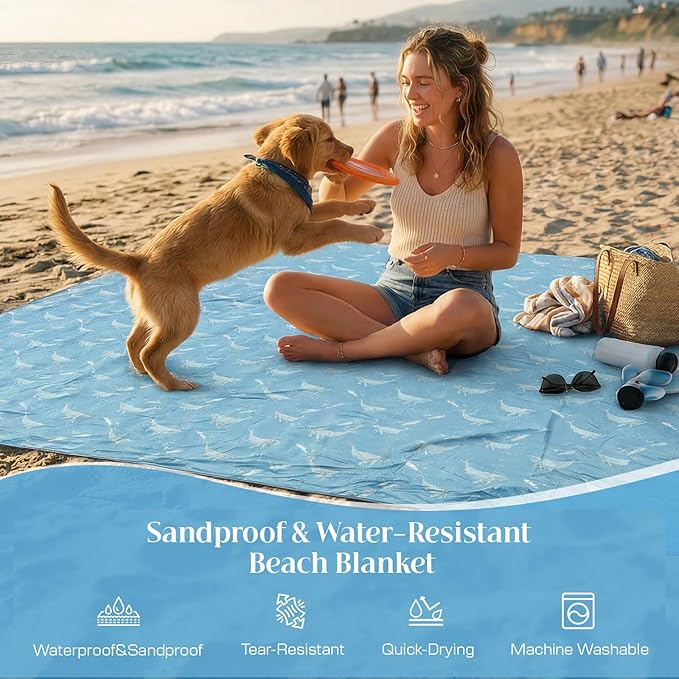 OIGAE Oversized Beach Blanket, 9×10 ft Sand-Free Outdoor Mat for Groups, Quick-Dry Picnic Blanket with Stakes & Corner Pockets, Whale, Light Blue