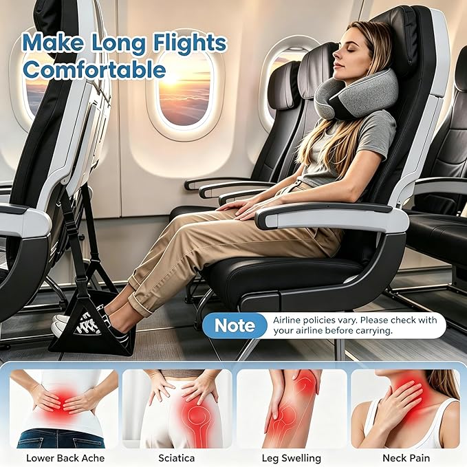 Ergonomic Airplane Pillow and Airplane Foot Hammock, Ultra Portable Neck Pillow with 360° Head Support, Portable Travel Foot Rest with Adjustable Strap, Includes Eye Mask & Ear Plugs, for Flight, Car