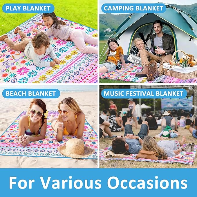 Floral Picnic Blankets Waterproof Foldable, 80″X80″ Extra Large Picnic Mat Boho Outdoor Blanket for Grass, Cute Packable Beach Blanket Sandproof Picnic Accessories for Camping Music Festival Park Lawn