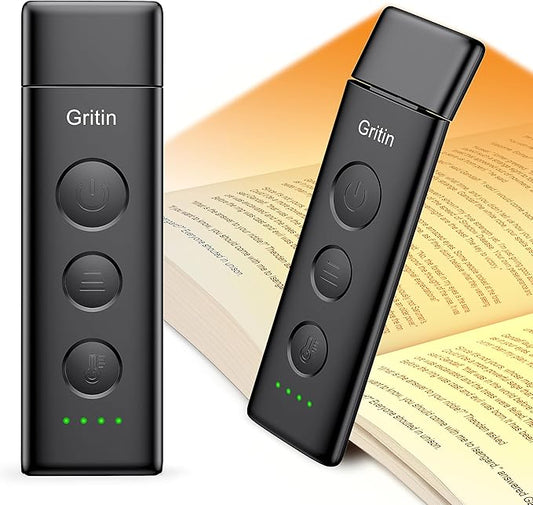 Gritin Book Light Rechargeable, Eye Caring 3-Color & 5-Brightness Clip on LED Reading Light for Books in Bed- Stepless Dimming, Long Lasting, Compact Size Flexible Book Lamp for Bookworms-Black