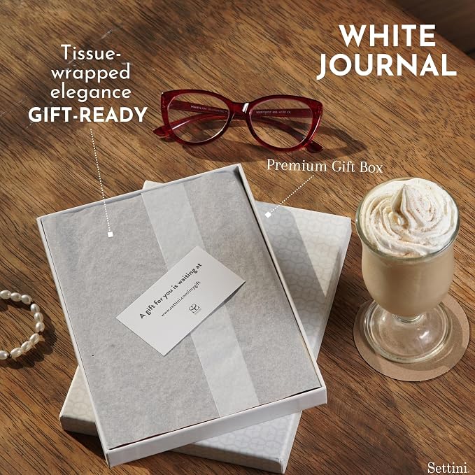 SETTINI® Lined Journal - Modern White Journal for Writing Gift Set - Hardcover Vegan Leather, Includes Luxury Pen in a Unique Pen Holder, 192 Pages, 6 x 8.5 inches, Fathers Day Gift