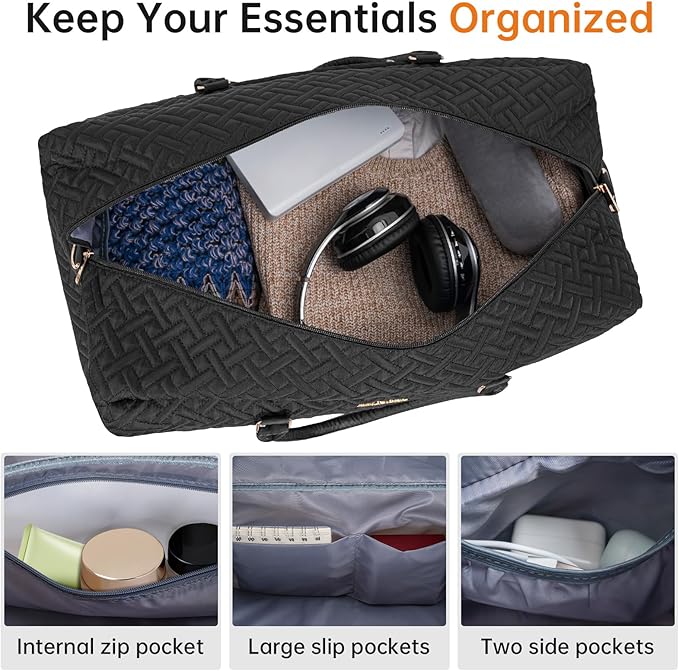 Weekender Bag for Women, 6 Pcs Set Carry on Overnight Bag, 21" Travel Duffel Bag with Initial Clear Makeup Pouch and Waterproof Shoe Compartment