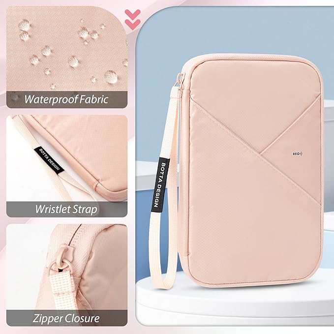 Veki Passport Holder for Travel Women Family, Passport Wallet Bag, RFID Travel Document Organizer, Waterproof Passport Holder for Men, Portable Case for Cards, Cash, Tickets, ID (Pink, L)