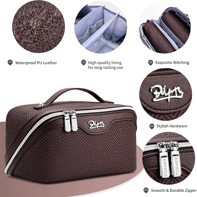 BOYATU Travel Makeup Bags for Women: Vintage Roman Column Texture Large Capacity Cosmetic Bag - Each Journey, Quiet Luxury Serenity - 3 Pcs Set Organizer Toiletry Purse 50% Extra Storage(coffee)