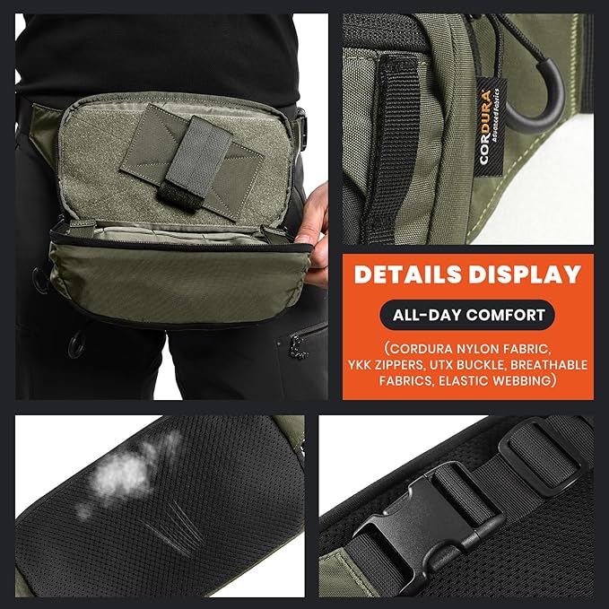 Tactical CCW Fanny Bag, Concealed Carry Fanny Pack w/Adjustable Waist Belt Tactical Waist Bag Handgun Pouch with Universal Pistol Holster, Everyday Hip Pack for Men Travel Outdoor (Range Green)