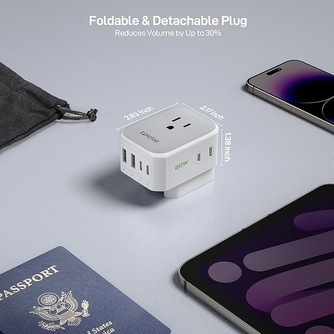 EPICKA Hybrid European Travel Plug Adapter, Foldable Detachable Type C EU VisaPlug, 8-in-1 International Power Adapter with 4 USB Ports (2 USB-C PD 20W),US to Europe, White