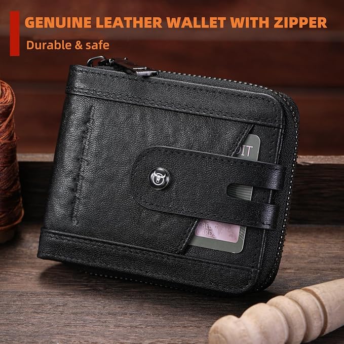 BULLCAPTAIN Genuine Leather Men's Wallet with Zipper Vintage RFID Blocking Large Capacity Wallet for Men with 14 Credit Card Slots and 1 ID Window T23 (Black)