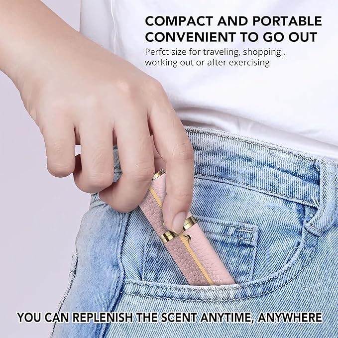 8ML Travel Perfume Refillable Atomizer, Mini Genuine Leather Cologne Sprayer, Protable Pocket Size Empty Fragrance Spray Bottle (Pink)