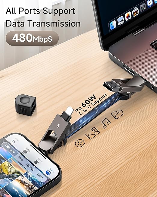 6-in-1 Keychain USB C Charger Cable, 60W Fas Charging Portable Universal Charging Cord with USB-C, Light-ning, USB-A and Micro USB for Phones, Tablets, Power Banks