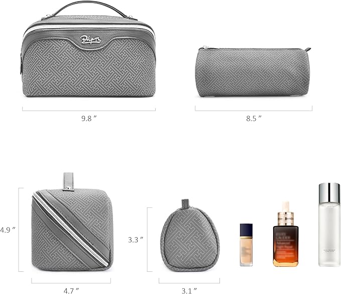 BOYATU Travel Makeup Bags for Women: Vintage Roman Column Texture Large Capacity Cosmetic Bag - Each Journey, Quiet Luxury Serenity - 3 Pcs Set Organizer Toiletry Purse 50% Extra Storage(Grey)