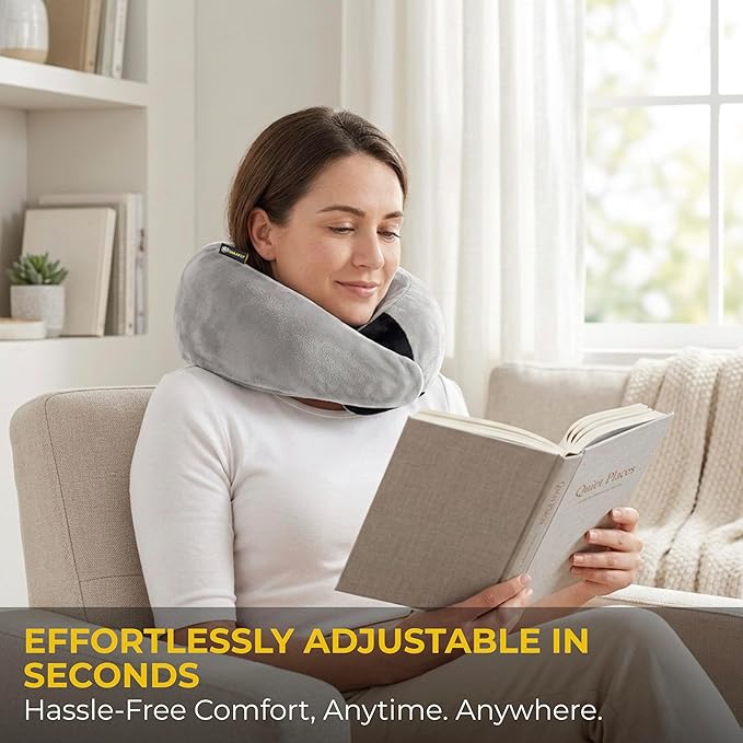 Travel Neck Pillow – Airplane Travel Essentials with Ergonomic Memory Foam Comfort – Premium Travel Pillows for Airplanes and Long Journeys, Compact Carry Pouch (Grey)