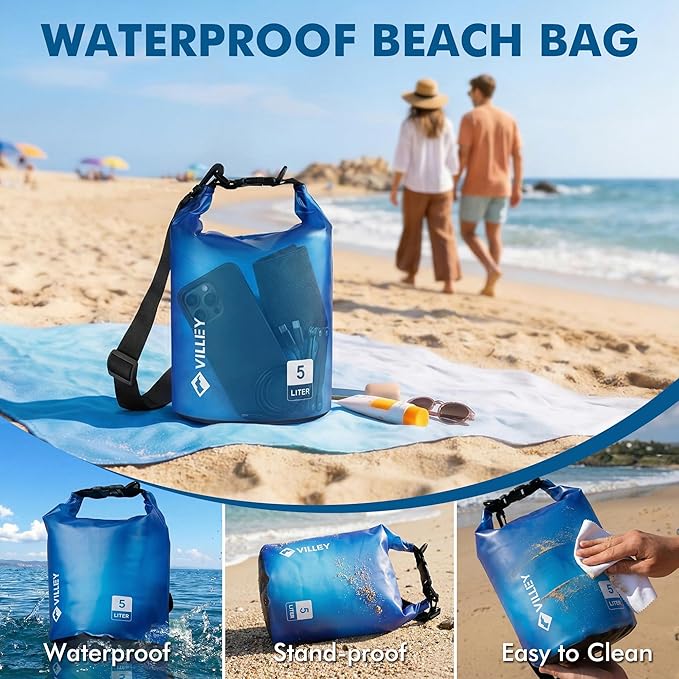 VILLEY Dry Bag Waterproof 5L Roll Top Storage Backpack, Keeps Gear Dry Lightweight Backpack for Kayaking Boating Camping Swimming and Beach Accessories Blue Transparent