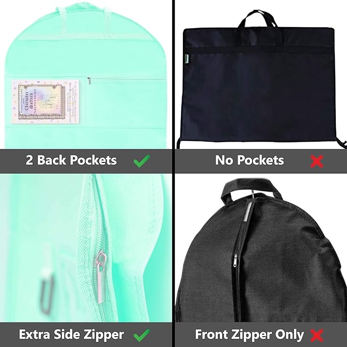 Waterproof Hanging Garment Bag 40 inch Clothes Bag with Gusset, 5 Pockets & Side Zip for Dance Costumes, Sports, Skating, Theatre, Beauty Pageants, Cheer & More by Kendall Country, Sea Foam Green