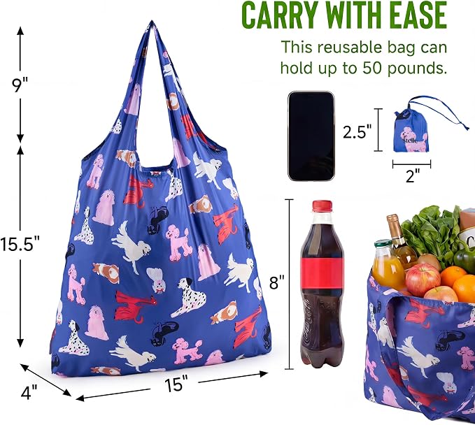 Stelle Lightweight Reusable Grocery Bag with Handles Ripstop Nylon Foldable Tote Shopping Bags for Travel and Groceries