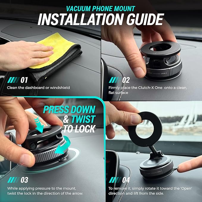 CARMOUNT Clutch-X™ Black – Upgraded Vacuum Phone Mount Suction Cup Car Phone Holder for iPhone, Window Phone Mount, 360° Vacuum Magnetic Phone Holder for Car, Magnetic Phone Holder with Suction Cup