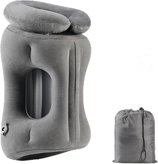 2-in-1 Magnetic Design Inflatable Travel Pillow, Ergonomic Neck Support Airplane Pillow for Flying, Compact Camping Pillow with Storage Bag for Home Nap & Car Travel (Grey)