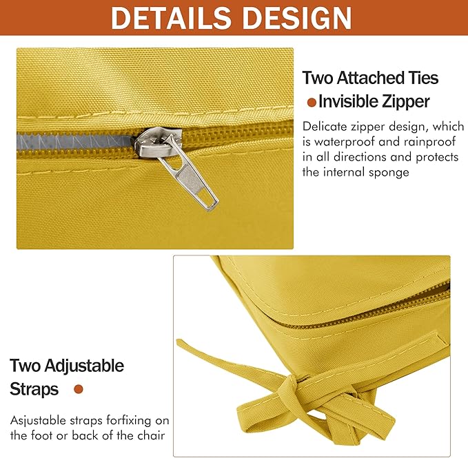 Outdoor Chair Cushions 19 x 19 Inch, Set of 6, Water Resistant Patio Chair Cushions with Tie Color Fastness Thick Outdoor Seat Cushion for Garden Lawn Patio Furniture Yellow