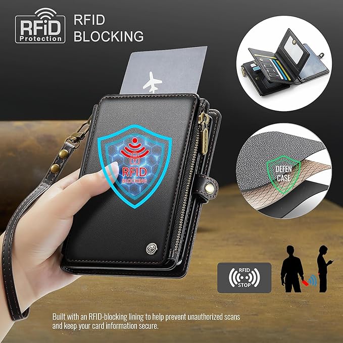 Passport Holder Wallet Bag with AirTag Holder, 11 Card Slots and Passport Solt Cash Solt Photo Solt Zipper Pocket, RFID Blocking Wristlet Strap.Black