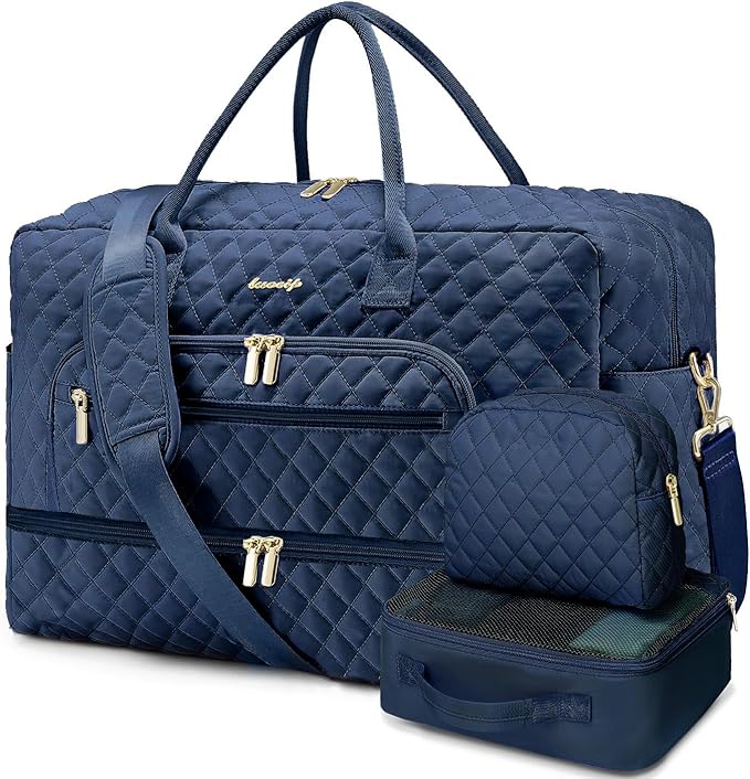 Large Women's Travel Duffel, Weekender with Shoe Compartment, Carry On Overnight Bag, Gym Duffel with Wet Pocket, Hospital Bags for Labor and Delivery - 3 PCS Set