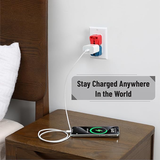 Bates- UK to US Plug Adapter, 2 Pack, Blue and Red, EU to US Plug Adapter