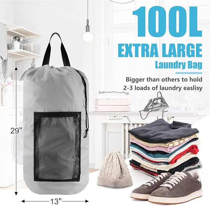 Olosar Laundry Bag Backpack, Extra Large Travel Laundry Bag with Mesh Pocket & Adjustable Shoulder Straps,Dirty Clothes Travel Bag for College Students Dorm,Apartment(Light Gray)
