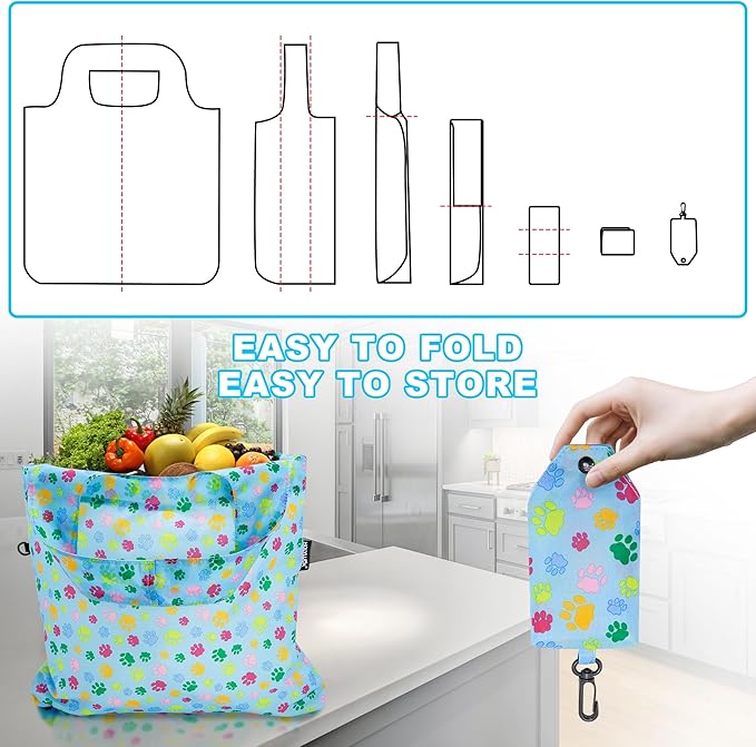 HOLYLUCK Reusable Grocery Bags,Heavy Duty Foldable Shopping Tote Bag (Standard, 3 Blue Dog Paw Prints)